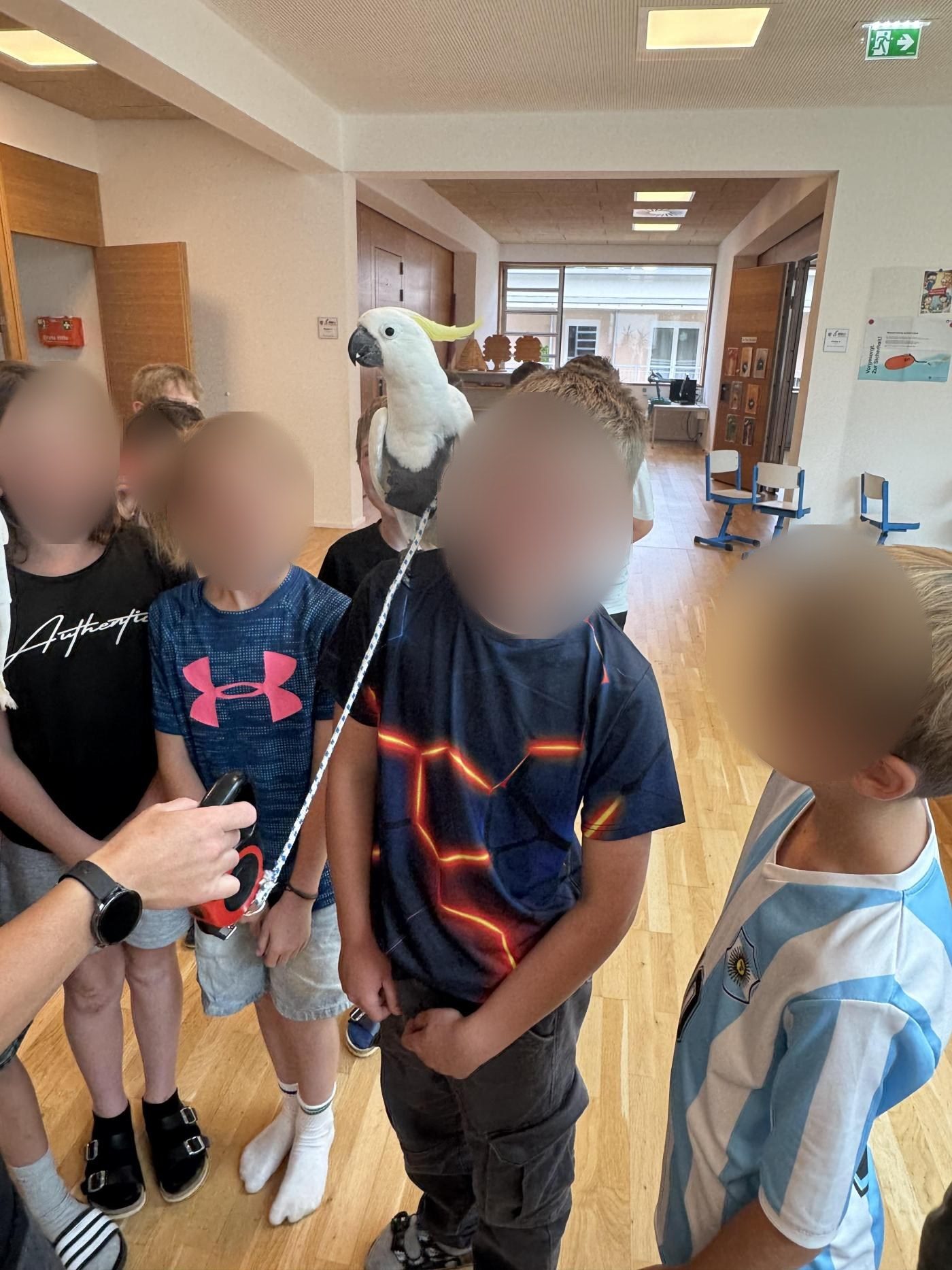 Kakadu Skippy auf der Schulter eines strahlenden Schülers